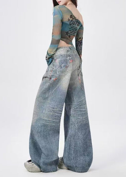 Unique Blue Oversized Print Denim Wide Leg Pants Spring
