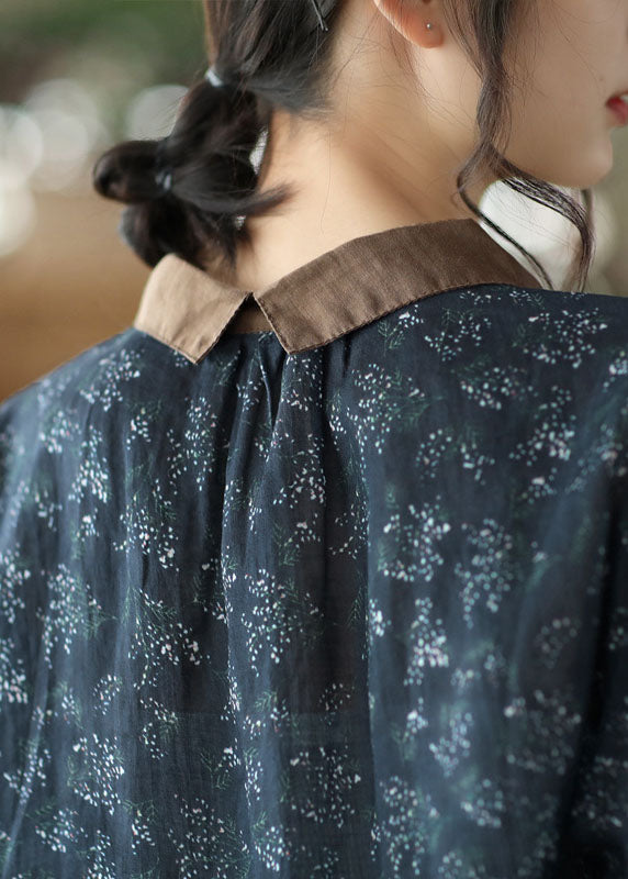 Navy Peter Pan Collar Print Linen Shirts Half Sleeve