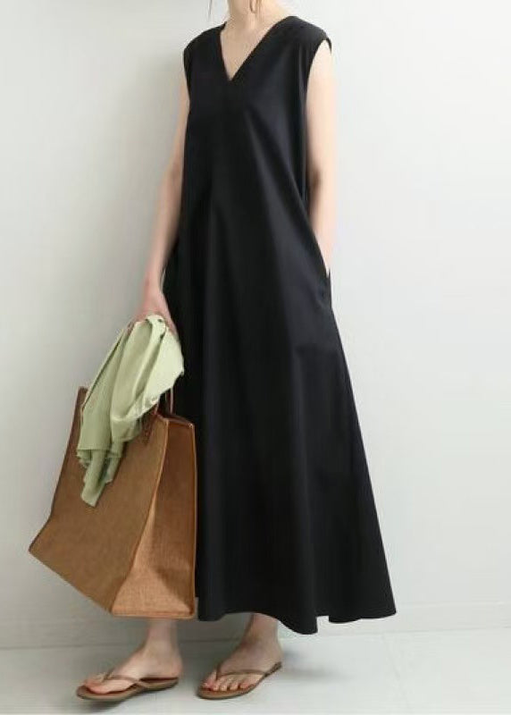 Organic Black V Neck Exra Large Hem Cotton Long Dress Sleeveless