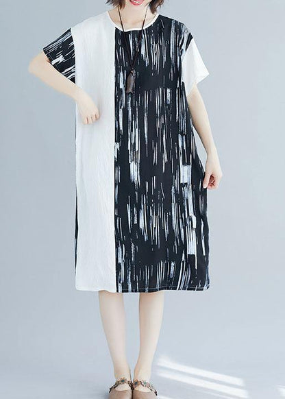 French Patchwork Cotton Linen Clothes Pattern Black Dresses Summer