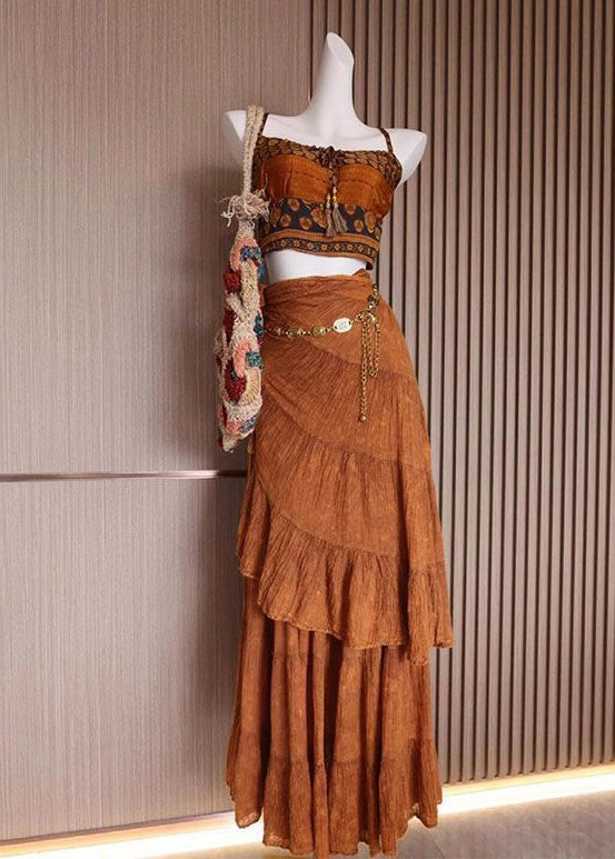 Brown Print Tank and Skirts Cotton 2 Piece Outfit Sleeveless