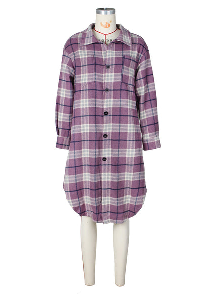 Purple Pockets Plaid Woolen Shirts Coat Fall