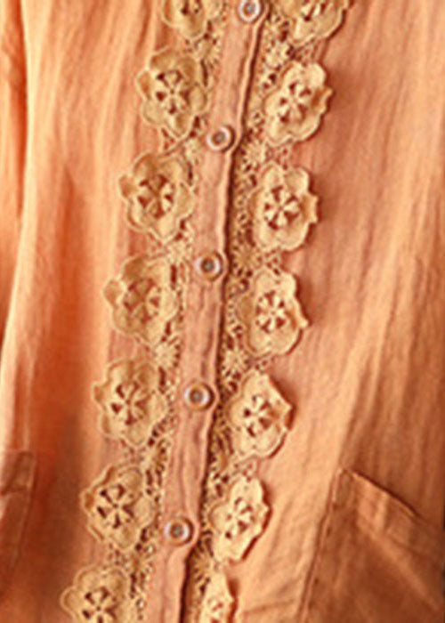 French Orange Embroidered Hollow Out Patchwork Fall Linen Top
