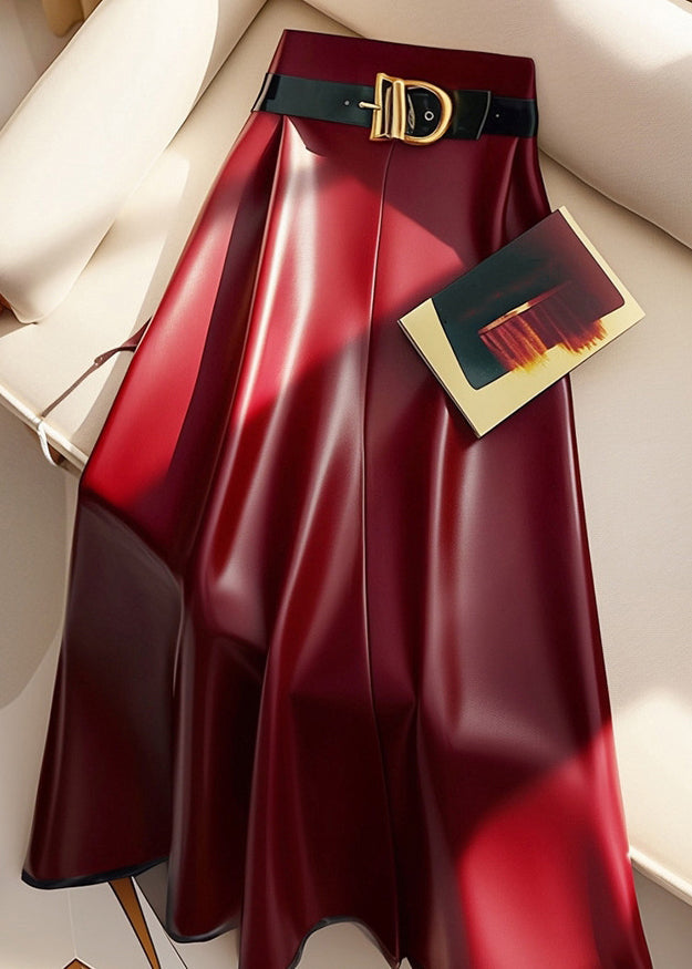 Stylish Red Sashes High Waist Faux Leather Skirts Winter