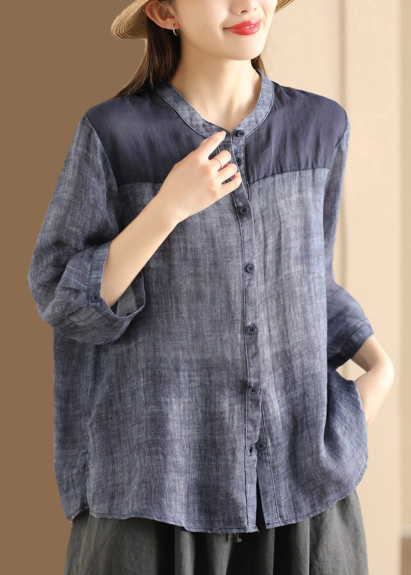 Coffee Stand Collar Button Patchwork Linen Shirts Summer