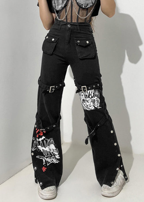 Unique Black Button Print Pockets Denim Pants Summer
