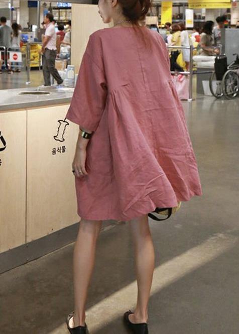 Style Pink Cotton Linen Outfit O Neck Cinched a Line Summer Dresses