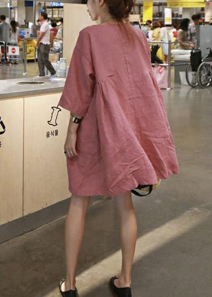 Style Pink Cotton Linen Outfit O Neck Cinched a Line Summer Dresses