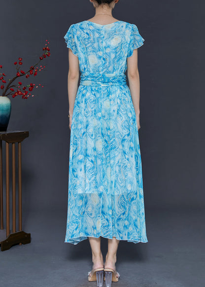 Blue Print Chiffon Beach Dress Butterfly Sleeve
