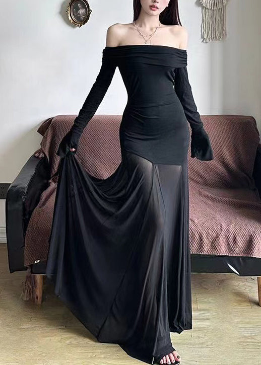 Fine Black Cold Shoulder Patchwork Tulle Party Dress Spring