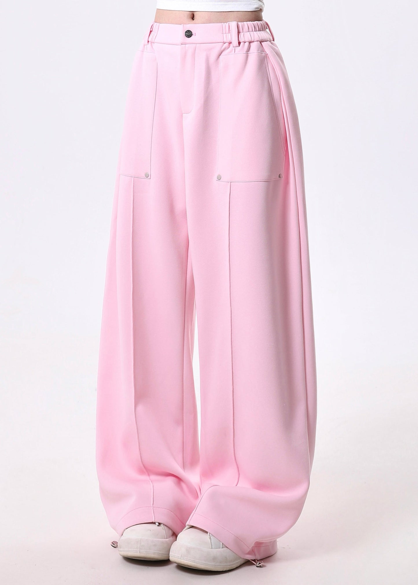 Pink Elastic Waist Cotton Straight Pants Spring