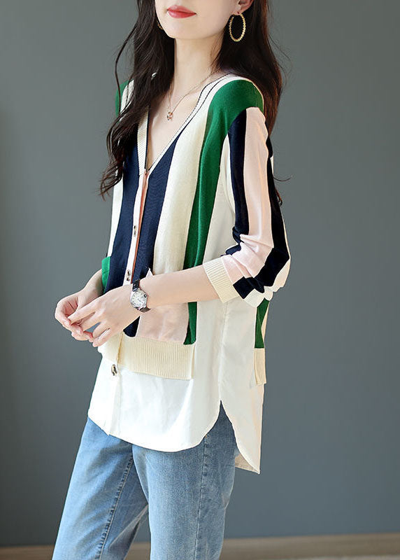 Colorblock V Neck Patchwork Striped Knit Cardigans Spring