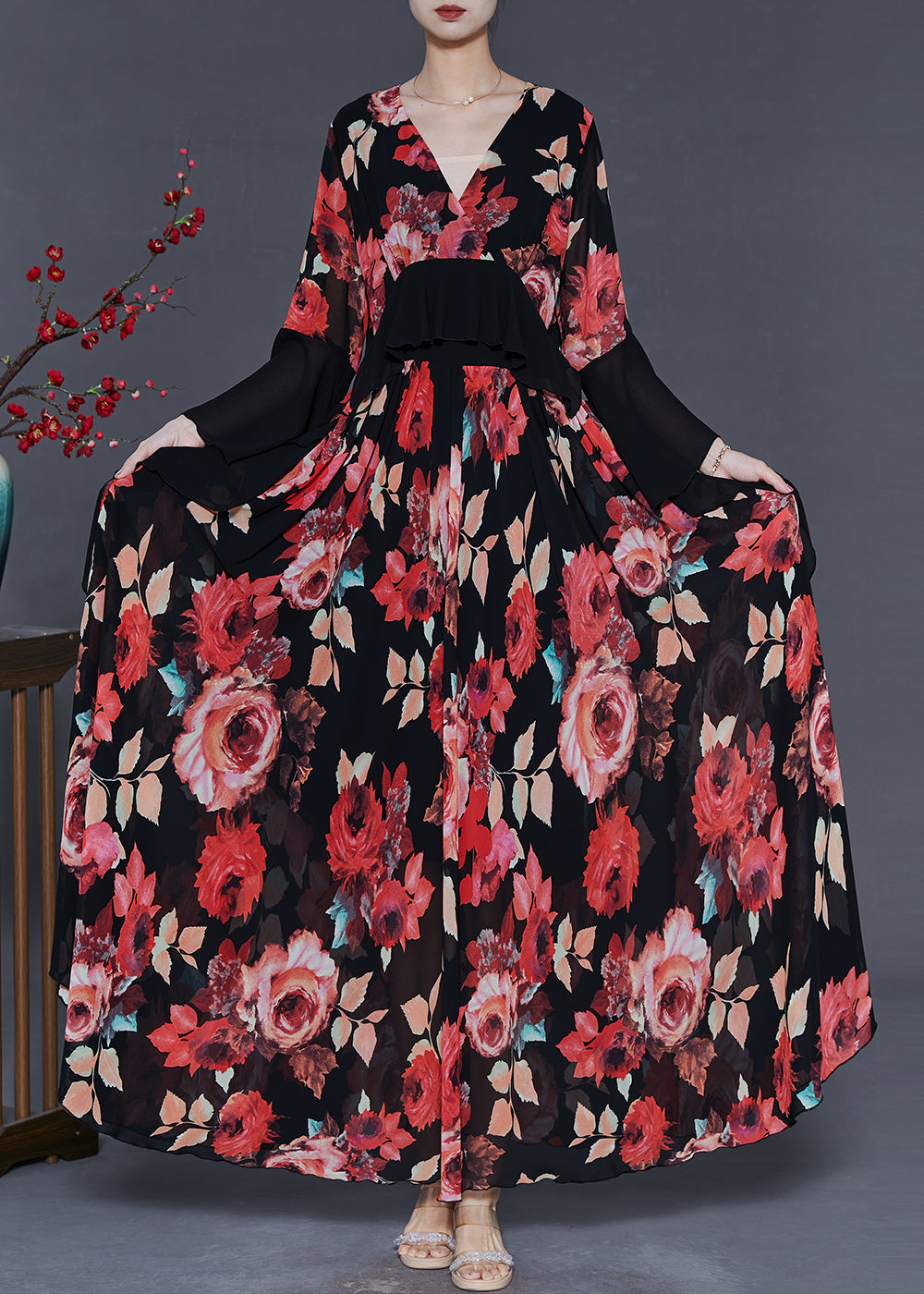 Red Patchwork Chiffon Maxi Dresses Fall