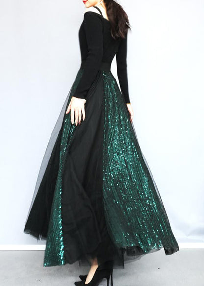 Blackish Green Sequins Patchwork Tulle Skirts Spring