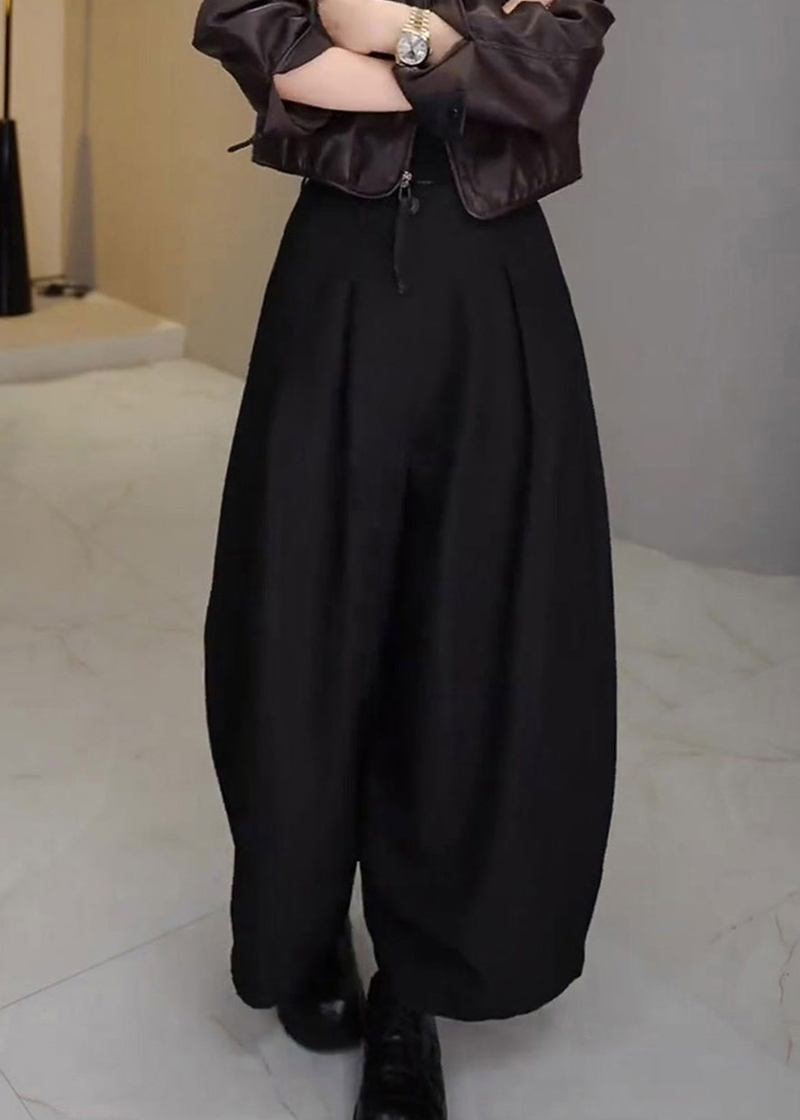 French Black Pockets High Waist Cotton Wide Leg Pants Fall