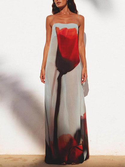 Abstract Tulip Print Vacation Slip H-line Maxi Dress