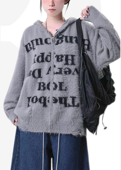 Diy Grey Oversized Letter Print Knit Hoodie Coat Spring