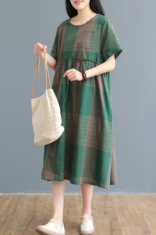 Summer Striped Plaid Dress Cotton Linen Dress