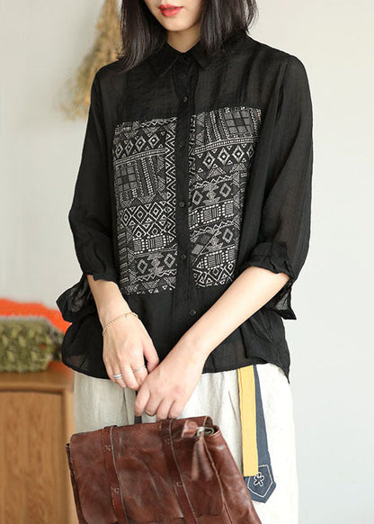 Black Peter Pan Collar Geometric Patchwork Linen Blouse Top Bracelet Sleeve