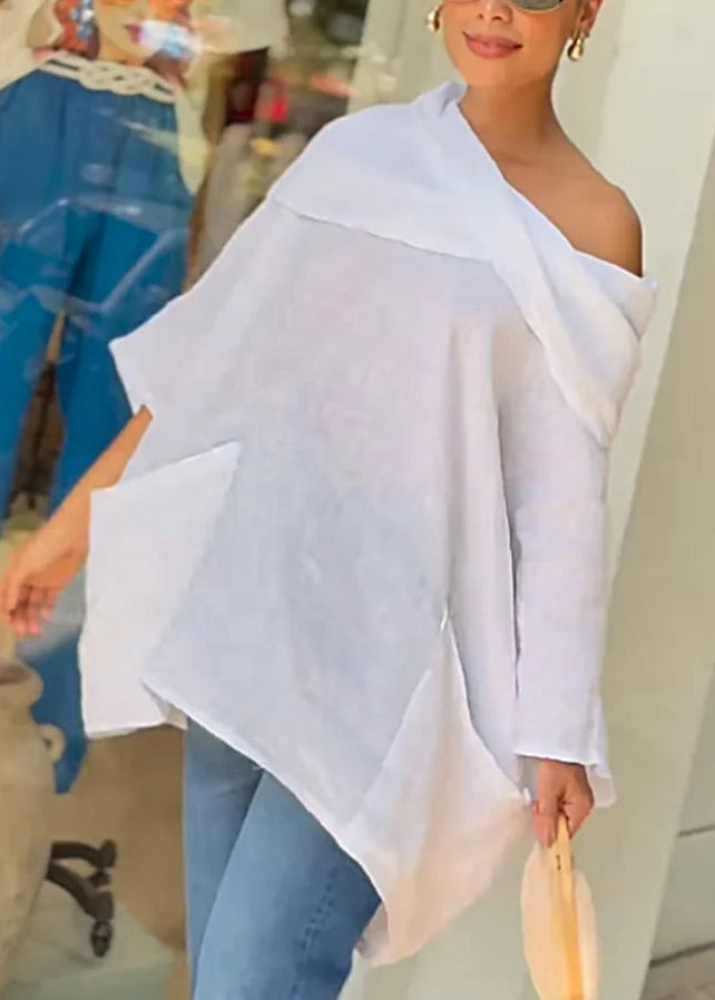 Stylish White Slash Neck Pockets Cotton Top Batwing Sleeve