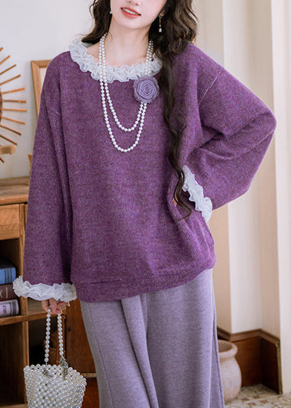 Loose Purple Ruffled Patchwork Knit Sweater Flare Sleeve