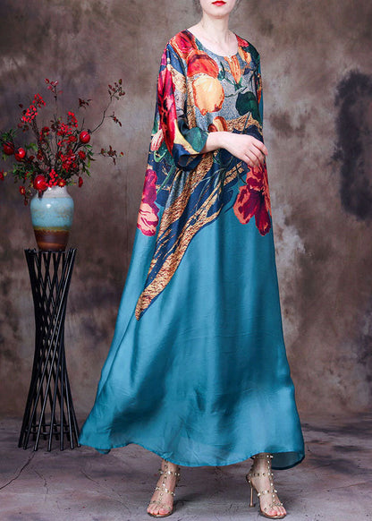 Blue O-neck Print Silk Long Dress Bracelet Sleeve