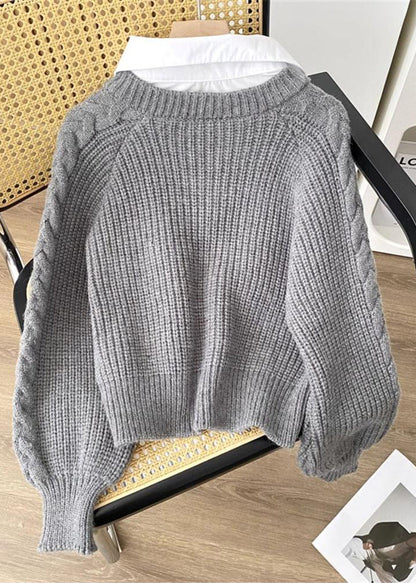 Grey False Two Pieces Patchwork Knit Pullover Spring