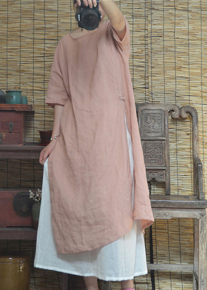 Pink O Neck Side Open Cotton Dresses Summer