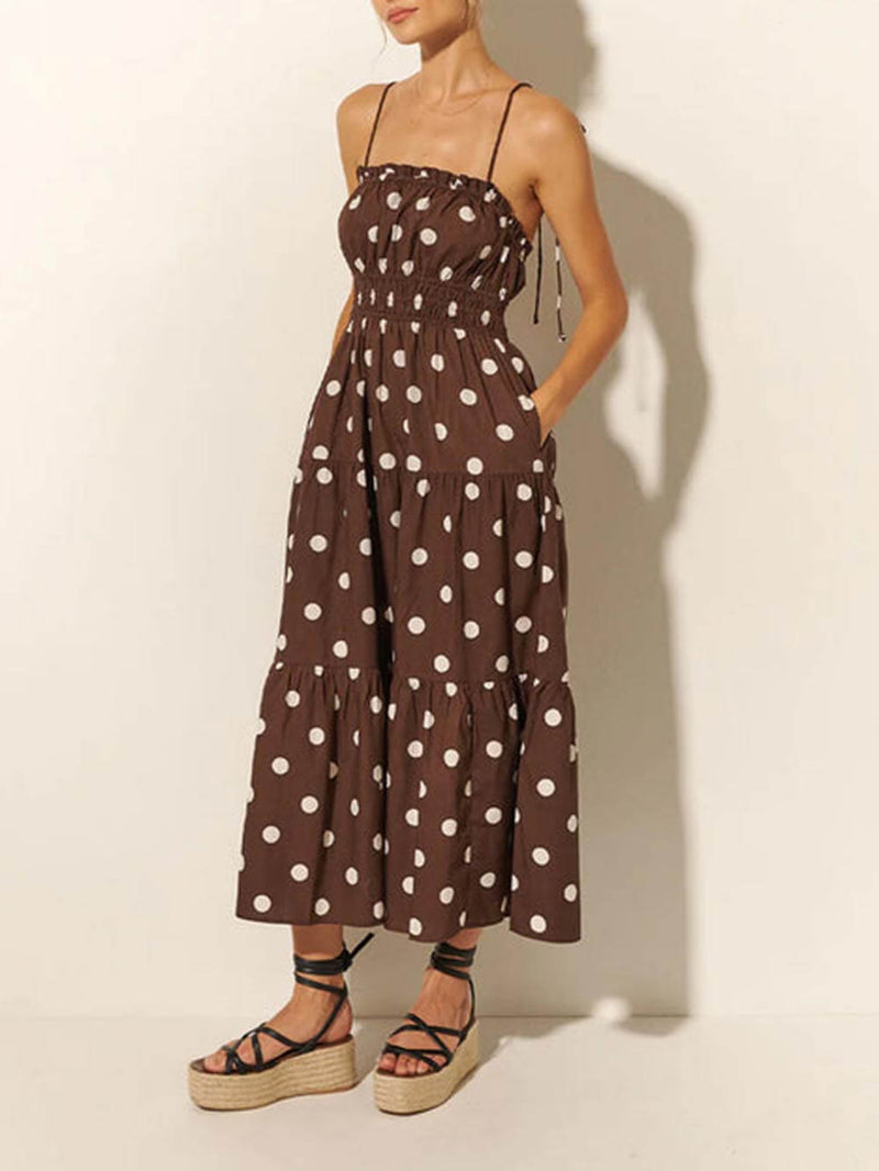 Ivory and Chocolate Polka Dot Print Pleated Elastic Strap Dress