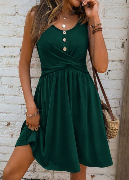 New Pink O Neck Wrinkled Cotton Mid Dress Sleeveless