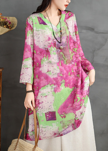 V Neck Print Cotton Mid Dresses Bracelet Sleeve