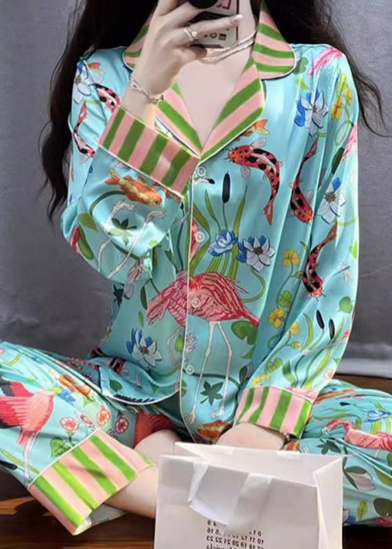Blue Striped Print Button Ice Silk Pajamas Two Pieces Set Spring
