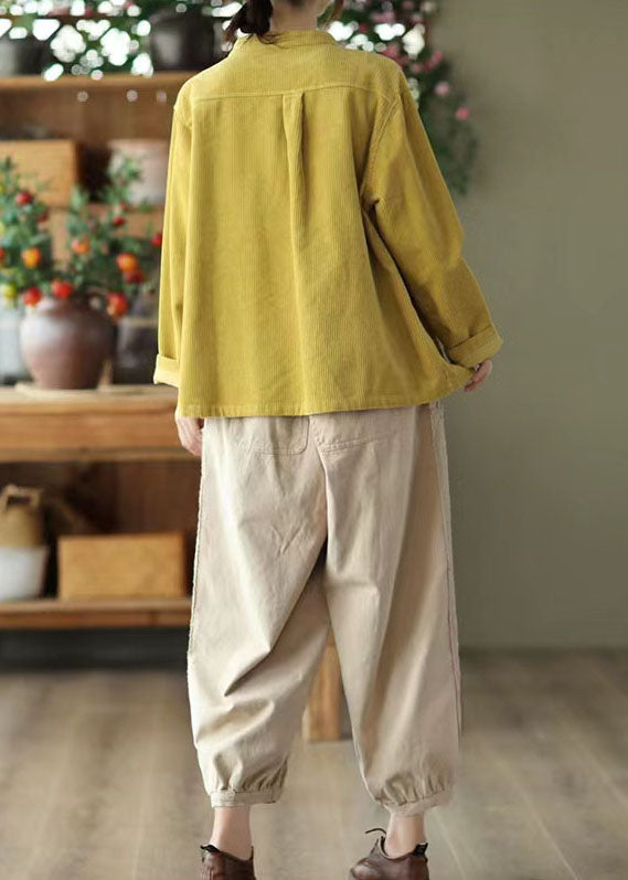 Boutique Yellow Stand Collar Pockets Corduroy Coats Fall