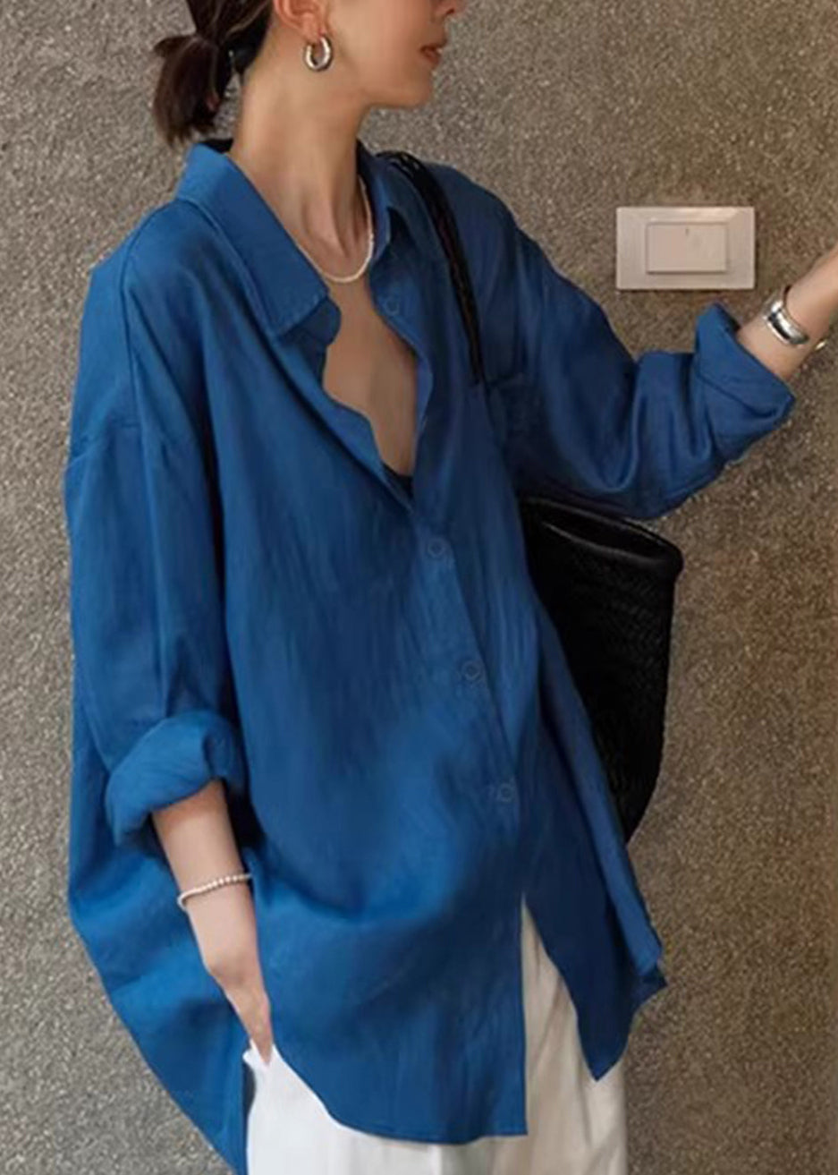 Blue Oversized Cotton Upf 50+ Shirt Spring