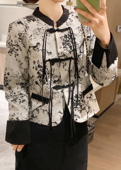 Chinese Style Black O-neck Button Cotton Coat Spring