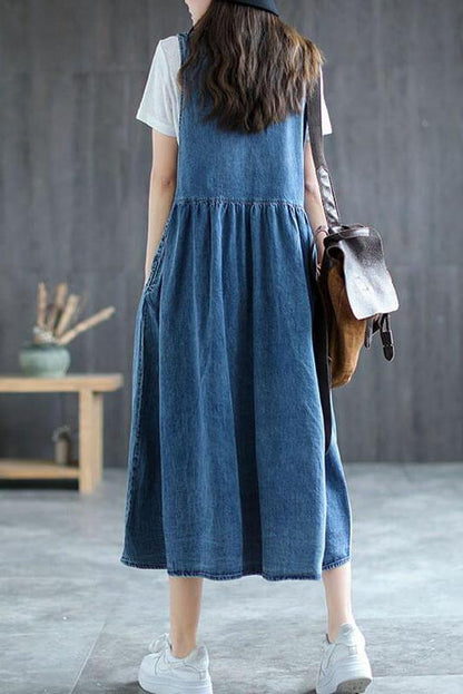 Denim Pleated Long Sleeveless Pinafore Dress