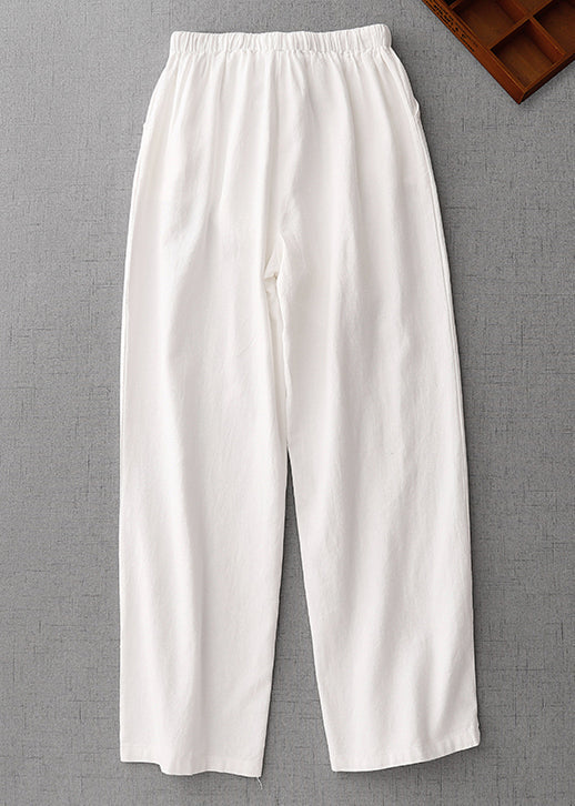 Simple White Pockets Elastic Waist Cotton Pants Summer