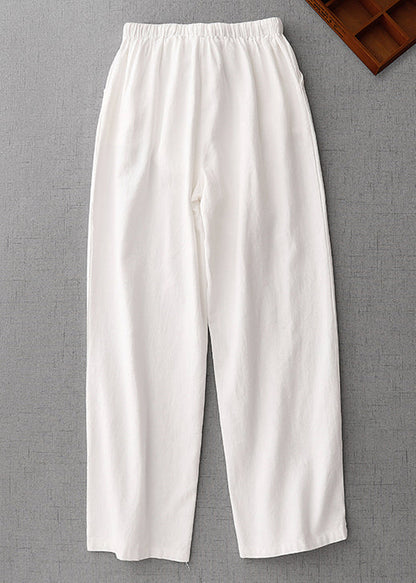 Simple White Pockets Elastic Waist Cotton Pants Summer