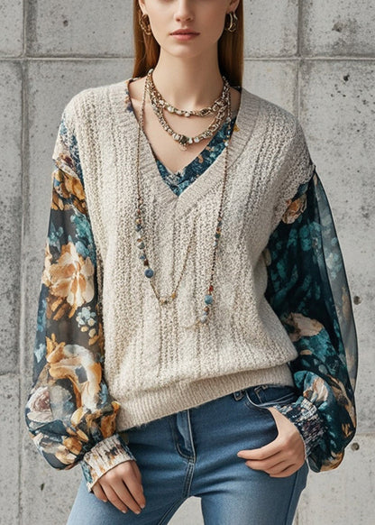 Beige V Neck Patchwork Print Fake Two Piece Knit Shirts Fall
