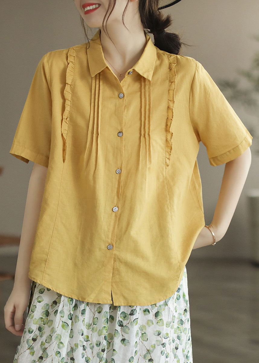 Yellow Peter Pan Collar Ruffled Patchwork Cotton Blouses Summer