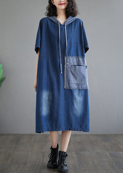 Blue Hooded Patchwork Denim Dress Summer