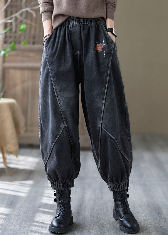 Black Elastic Waist Pockets Denim Pants Spring