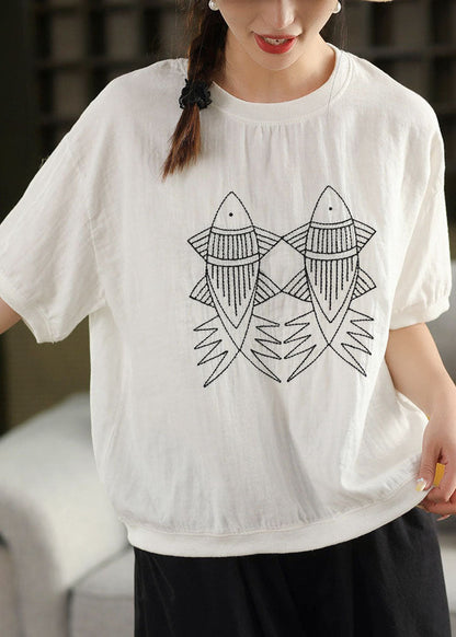 White O Neck Embroidered Loose Linen T Shirts Summer