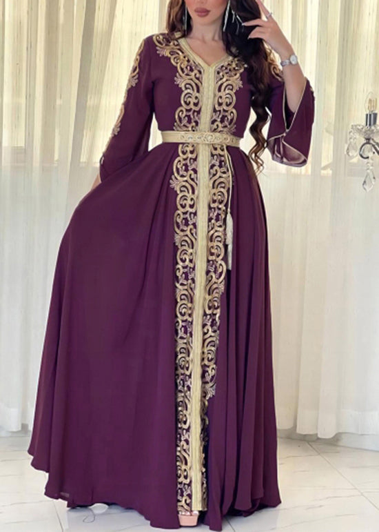 Loose Mulberry Embroidered Patchwork Chiffon Maxi Dress Fall
