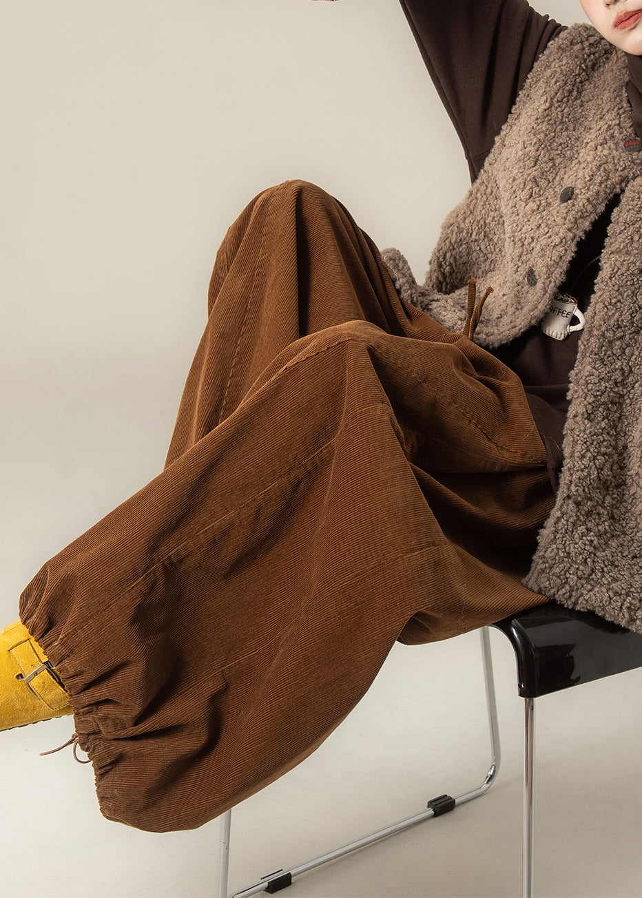Brown Oversized Drawstring Corduroy Wide Leg Pants Spring