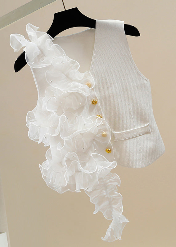 White V Neck Button Tulle Patchwork Cotton Waistcoat Sleeveless