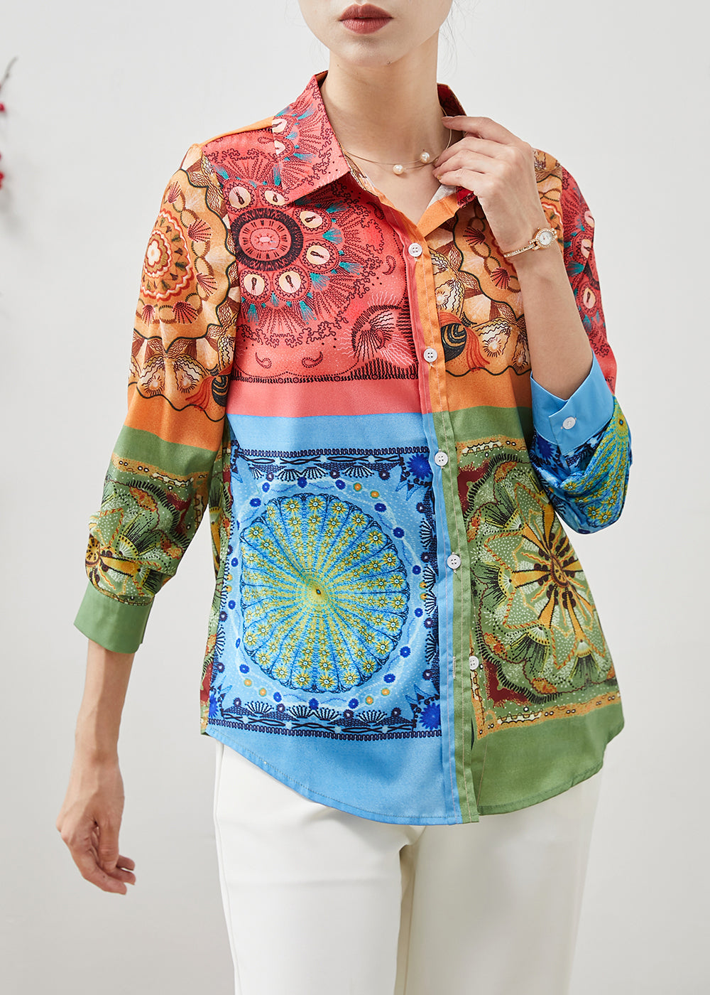 Diy Peter Pan Collar Print Silk Blouses Summer