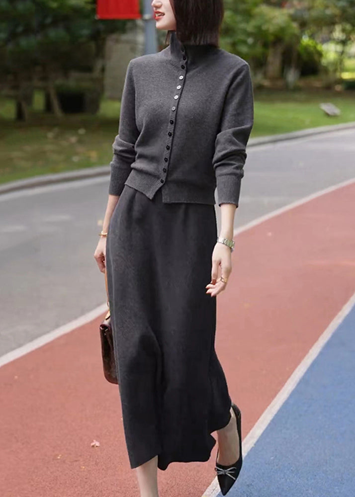 Dark Grey Stand Collar Cotton Knit Cardigans and Maxi Skirts Two Piece Set Winter