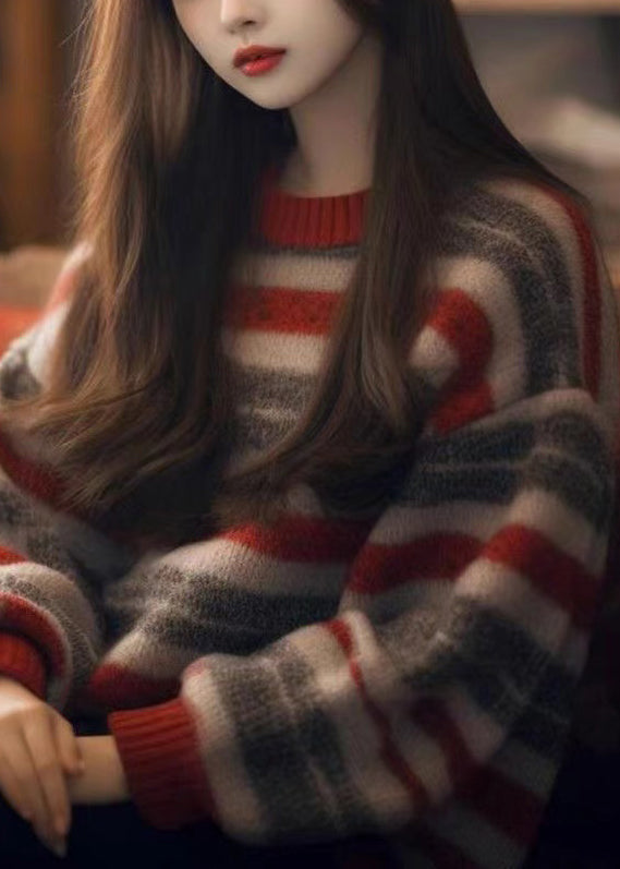 Striped O Neck Cozy Thick Knit Sweater Winter