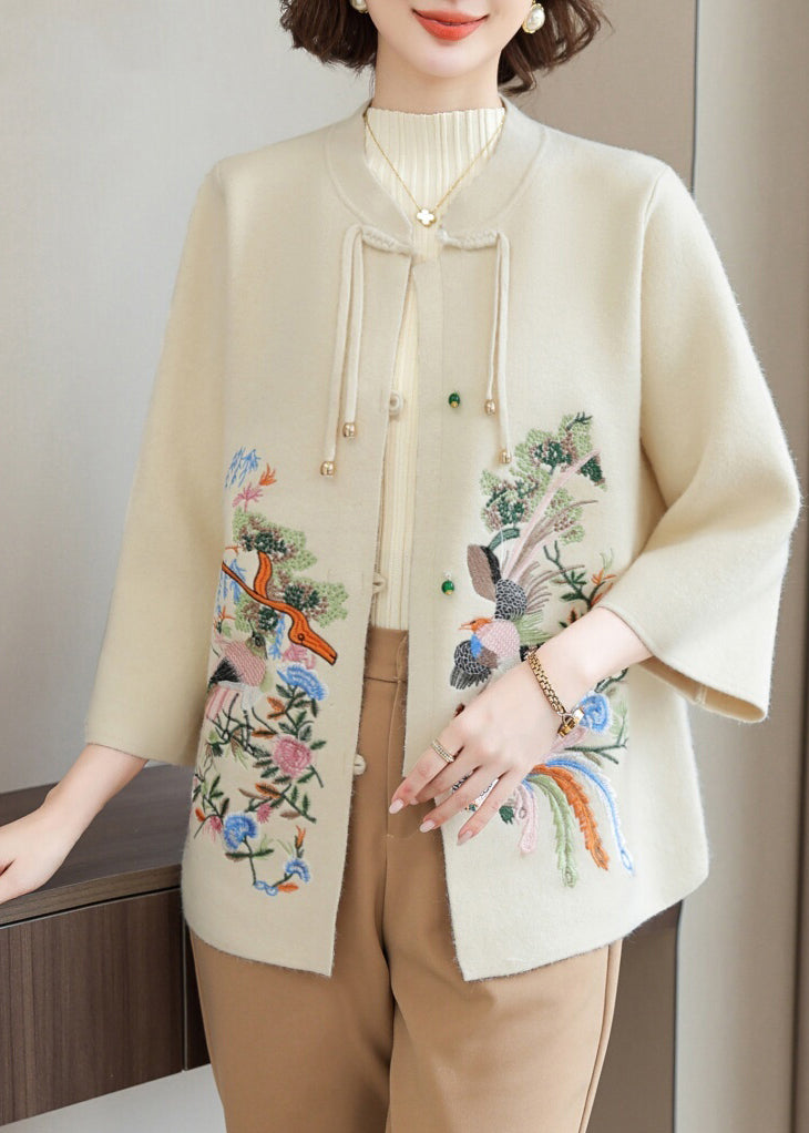Stylish Beige O-neck Patchwork Wool Knit Cardigans Spring